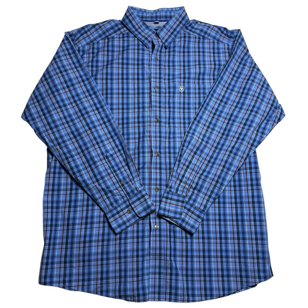 Ariat Pro Series Men Blue Plaid Long Sleeve Button Down Shirt XL Vented Fishing